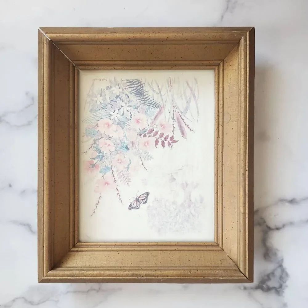 Gloria Erikson vintage framed botanical floral butterfly pastel print thick chun
